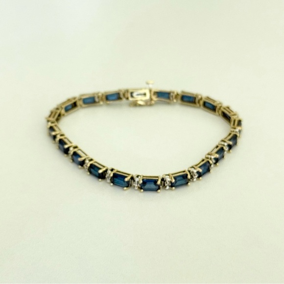 Solid 14k Yellow Gold Sapphire & Diamond Tennis Bracelet - Picture 5 of 16
